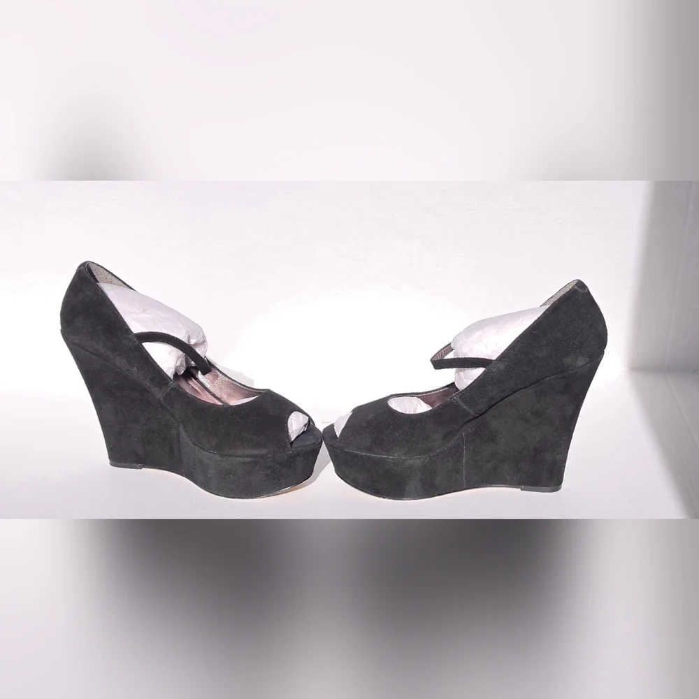 Steve Madden Sofiaa Suede Black Wedge Peep Toe Shoes Sz 10